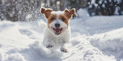 Dog enjoying a winter walk in the snow, playfully exploring the snowy landscape, embodying the joy and excitement of a dog frolicking in the winter snow during a stroll.