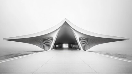 A sleek black-and-white shot of a modern cantilevered structure with bold architectural symmetry