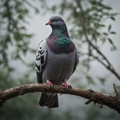 A pigeon perched on an invisible branch, clear background.