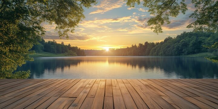Tranquil lake at sunset seen from a wooden deck, creating a peaceful atmosphere. The wooden deck offers a beautiful view of the serene lake during the sunset.