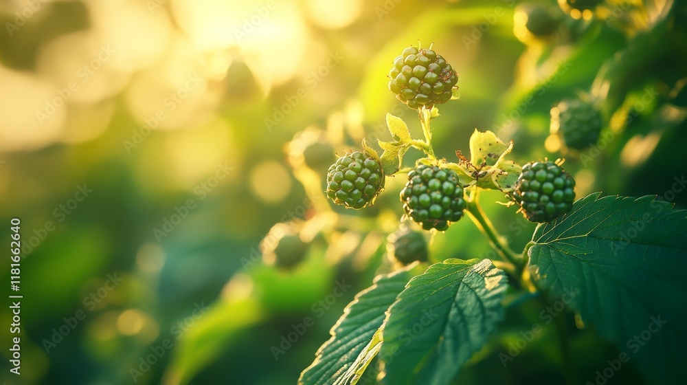 Aufkleber unripe blackberry developing in a garden setting. this image features a selective focus on unripe bl