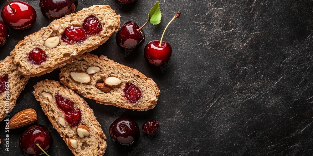 Poster biscotti consists of crunchy biscuits featuring glazed cherries and almonds, set against a dark back