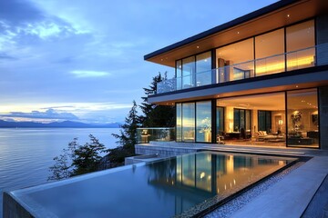 Obraz premium A luxurious waterfront home with sleek lines, glass walls, and an infinity pool overlooking the ocean