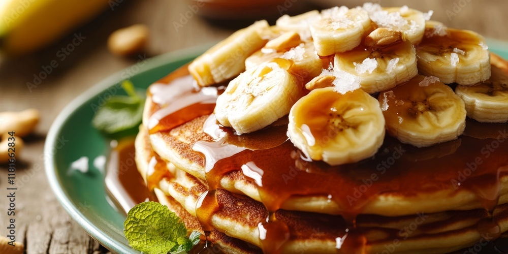 Poster delicious banana cashew pancakes topped with ripe bananas and a drizzle of salted caramel sauce, fea