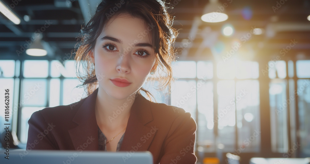 Poster confident businesswoman working in modern coworking space, illuminated by natural sunlight streaming