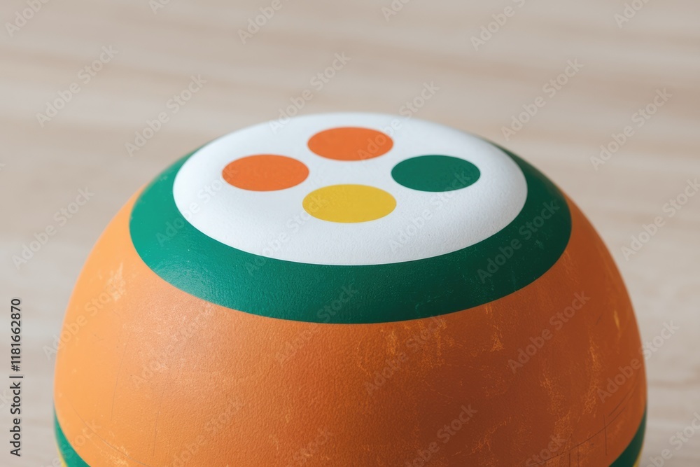 Poster a spherical object with orange, green, and white sections, featuring three colored circles on top.