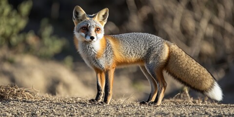 Obraz premium A male Gray Fox attentively observes his environment, showcasing the keen awareness and alert nature of the Gray Fox as it surveys its surroundings for any signs of activity.
