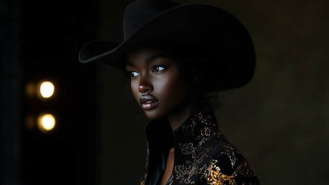 Cowgirl portrait of a young African woman with a stylish hat and dark background