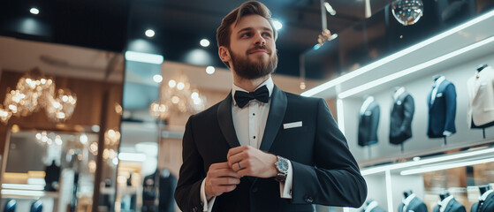groom trying on tuxedo in stylish shop, adjusting his bow tie with confidence under elegant lighting and surrounded by formalwear displays