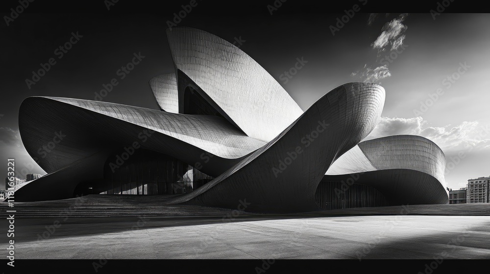Poster a striking architectural photo of an abstract building with dynamic shapes and bold shadows in black