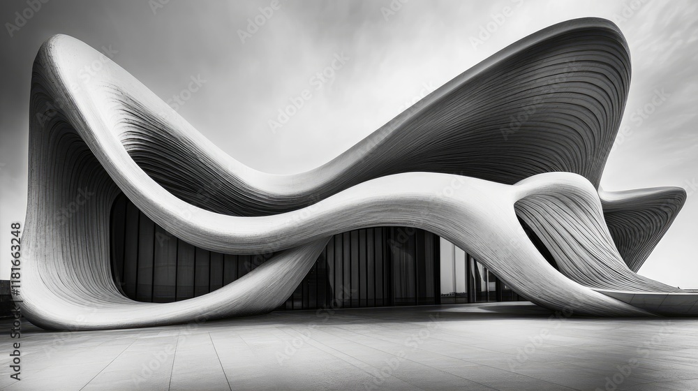 Poster a striking architectural photo of an abstract building with dynamic shapes and bold shadows in black