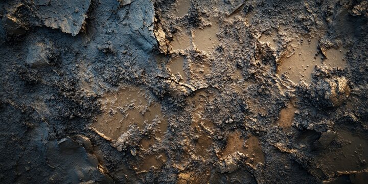 Wet muddy texture on the field provides a captivating background. This wet dirt creates an intriguing pattern, enhancing the visual appeal of the muddy landscape from a top view perspective.