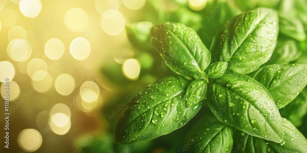 Poster closeup of vibrant green basil leaves set against a soft yellow blurred background, showcasing the r