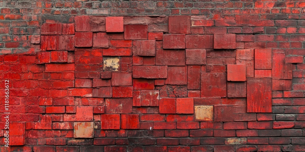 Fototapete Red brick wall showcasing an intricate block background design pattern, emphasizing the unique texture and warmth of the red brick wall for various creative uses.