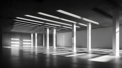 A striking black-and-white composition of intersecting beams and shadows in a modern building design