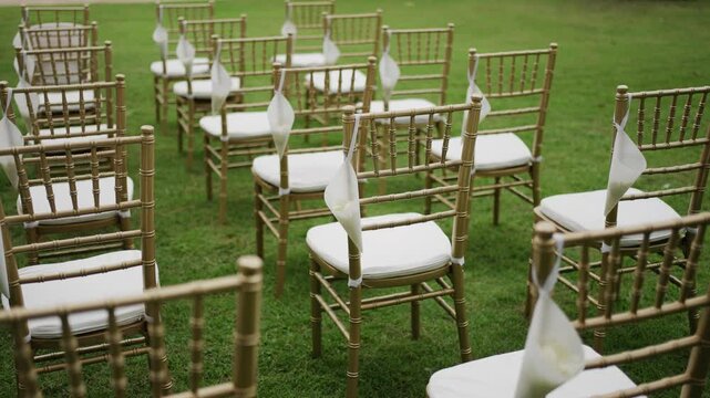 gold plastic Chiavari chairs in rows. Outdoor wedding ceremony, event, seminar or party with no people.Wedding set up and wedding ceremony decoration chairs at the wedding ceremony