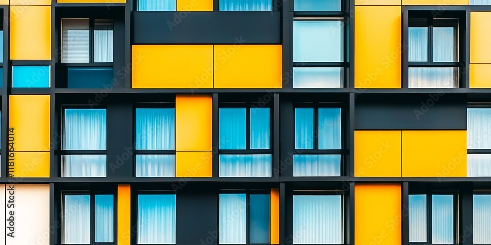 Poster a vertical image showcasing a vibrant modern building featuring yellow and blue stained glass window