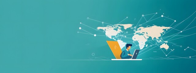 A flat vector illustration of an online network made up of human figures connected to each other, and above them is a world map with a laptop in front