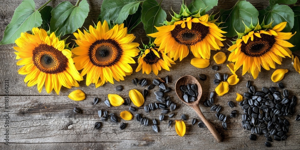 Poster sunflowers and seeds arranged with a spoon on a wooden surface create a vibrant display of sunflower