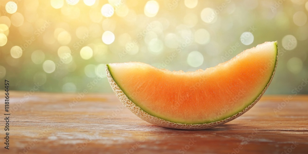 Poster a slice of fresh melon rests on a wooden table, beautifully showcased against a bokeh backdrop that 