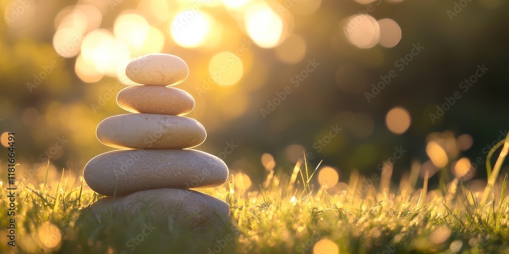 Poster a harmonious stack of small rocks showcases earthy tones, layered thoughtfully in the grass, creatin