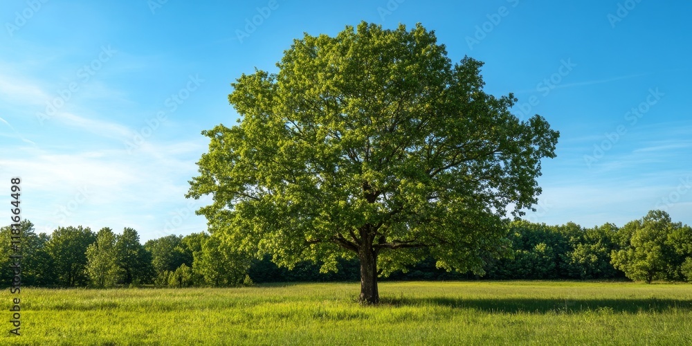Poster leaves of a vibrant green tree are set against a clear blue sky within a spacious meadow, creating a