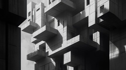 A dramatic monochromatic photo of a building with layered balconies and bold geometric designs