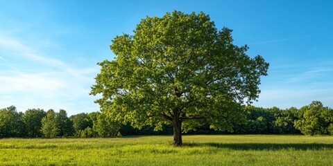 Fototapeta premium Leaves of a vibrant green tree are set against a clear blue sky within a spacious meadow, creating a serene and picturesque natural scene.