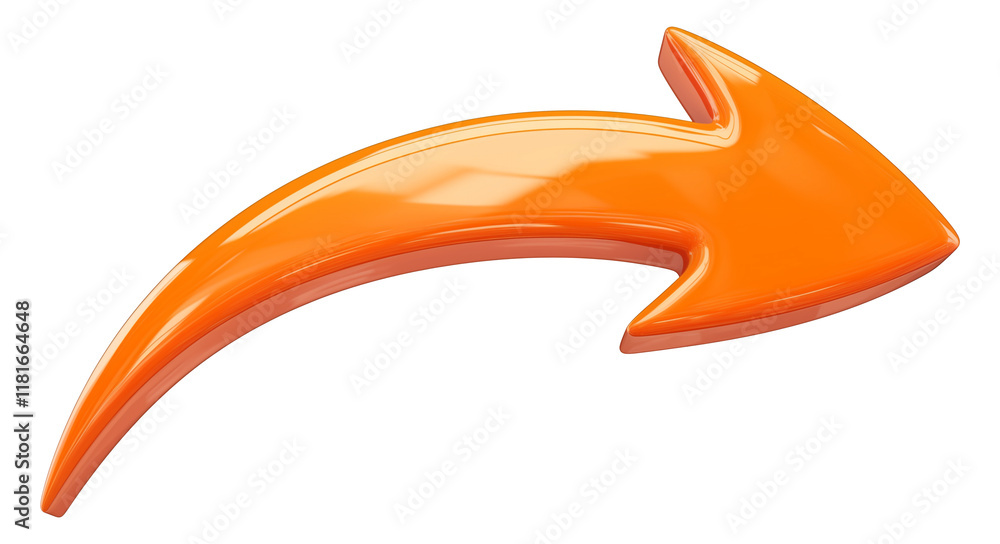 Poster Curved orange arrow with glossy matte finish isolated on transparency background, symbolizing direction or movement