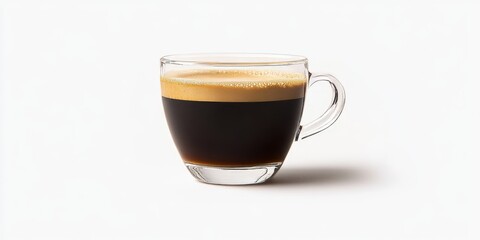 Naklejka premium Americano Coffee served in a small glass cup, showcasing a creamy foam against a clean white background, perfect for coffee lovers who appreciate the rich flavor of Americano Coffee.