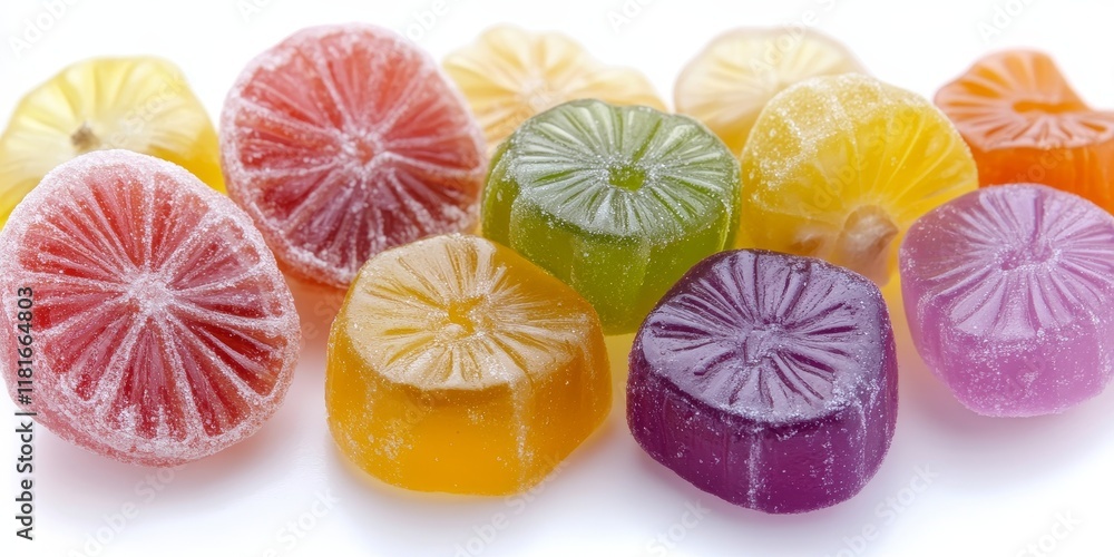 Poster vibrant and sweet hard fruit candy displayed as a colorful group on a white background, showcasing t