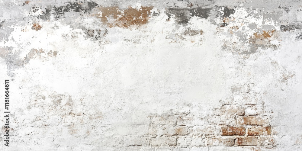 Poster White Rustic Texture showcases a retro whitewashed appearance, featuring an old brick wall surface. This vintage structure highlights a grungy shabby design element with uneven painted plaster, ideal