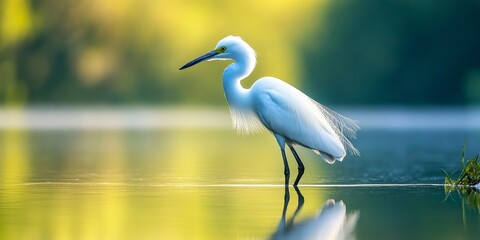 A stunning Little Egret stands at the lake s edge, its graceful form creating a clear reflection in the calm water below, showcasing the serene beauty of the Little Egret in nature.