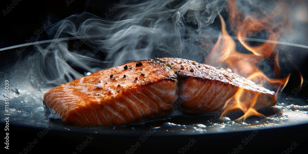 Poster a juicy and delicate salmon steak is cooking in the skillet, creating a delightful sizzle as it tran