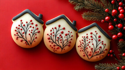 Christmas Cookies Decorated Beautifully with Red Berries and Pine Sprigs