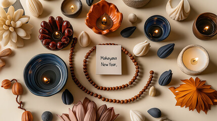A flat-lay of Mahayana New Year essentials, including prayer beads, a lit candle, and a small prayer book. "Mahayana New Year" is written in bold, spiritual typography