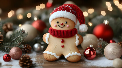 Gingerbread Man Decorates with Ornaments and Festive Lights for Christmas