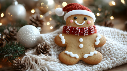 Gingerbread Man Smiles on Cozy Blanket with Festive Holiday Decor