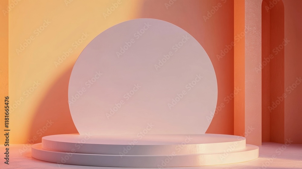 Poster minimalist showcase platform with warm lighting and soft curves