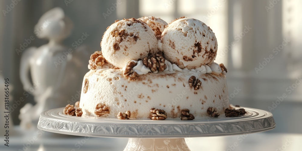 Poster 3d representation of scoops of walnut ice cream placed atop an elegantly adorned cake, highlighting 