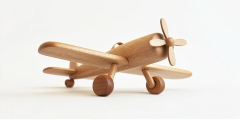 A wooden airplane toy set against a white backdrop. This is a high quality image showcasing a charming wooden toy airplane.