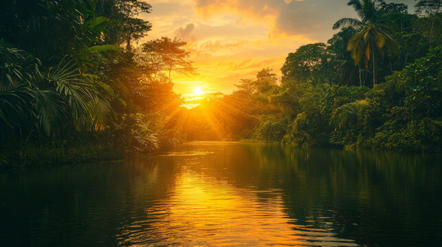 Tranquil tropical river landscape with lush jungle and a setting sun - Powered by Adobe