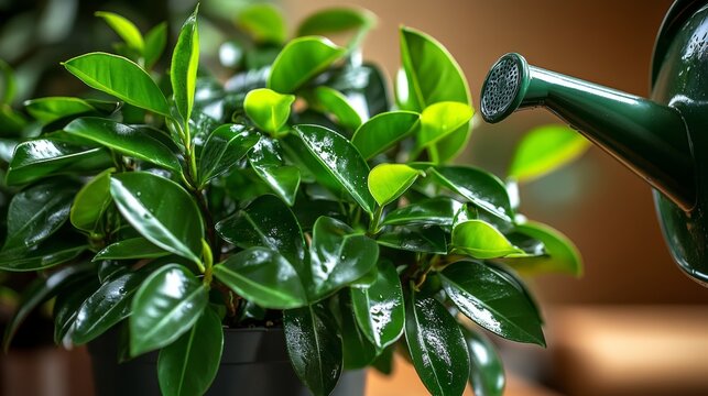 Vibrant Green Houseplant Receiving Water from a Green Watering Can, Refreshing Indoor Plants