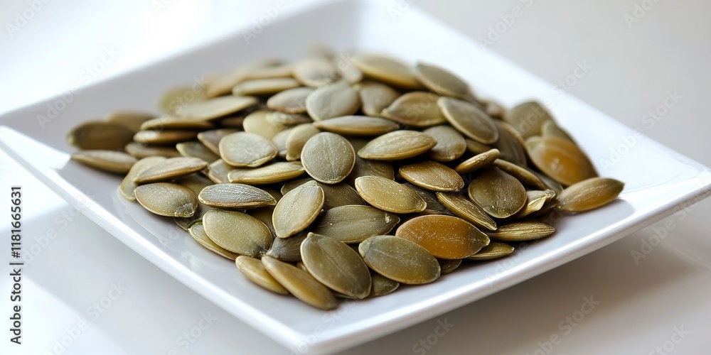 Poster pumpkin seeds displayed in a white plate create an appealing visual. the contrast of pumpkin seeds a