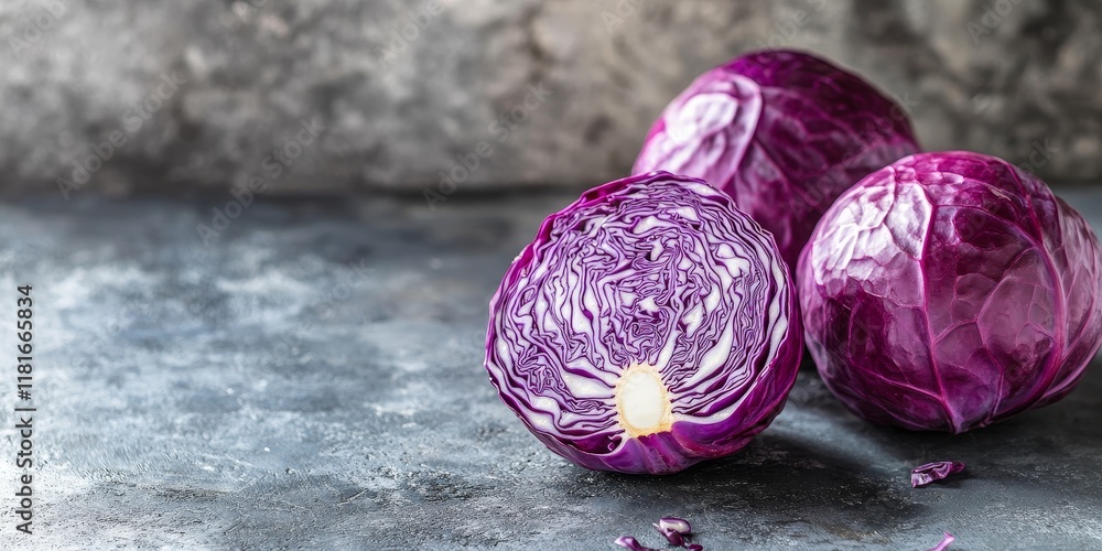 Aufkleber Whole red cabbage displayed on a counter, showcasing the vibrant color and texture of red cabbage, perfect for culinary creations and healthy meals featuring fresh red cabbage.