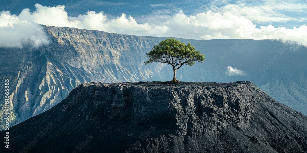 Poster a solitary tree rises majestically atop a mountaintop, framed by the expansive view of a crater in t