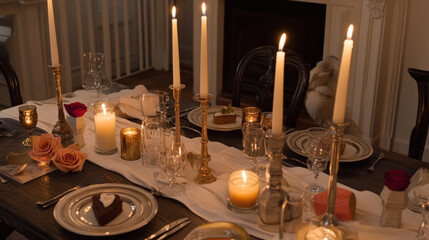 A romantic Valentine&rsquo;s Day setting featuring a beautifully decorated table with roses, candles, and elegant dinnerware. 61