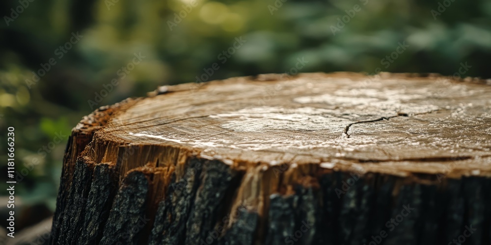 Poster tree stump in focus after being cut down by a chainsaw, showcasing the intricate details of the tree