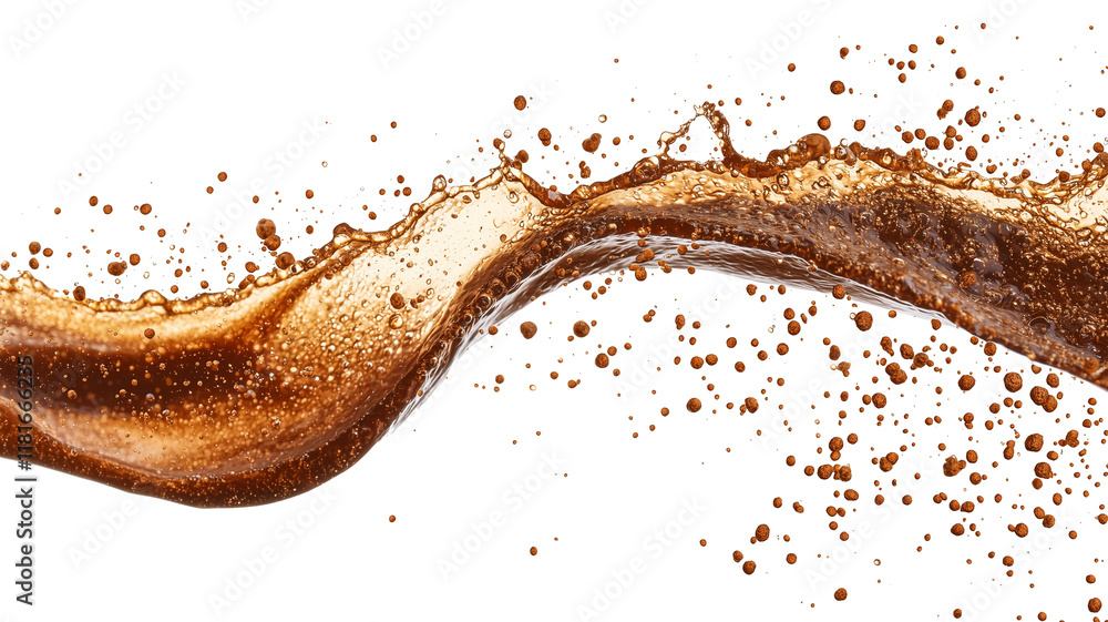 Poster dynamic splash of cinnamon colored liquid flows gracefully, with droplets scattering in mid air, cre