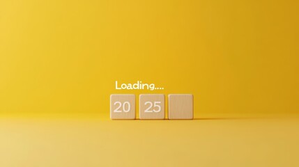 "Loading... 2025", minimalistic, yellow background, wooden blocks with numbers in white font, simple flat design, minimalism, vector illustration, digital art, stock photo, high resolution, high quali